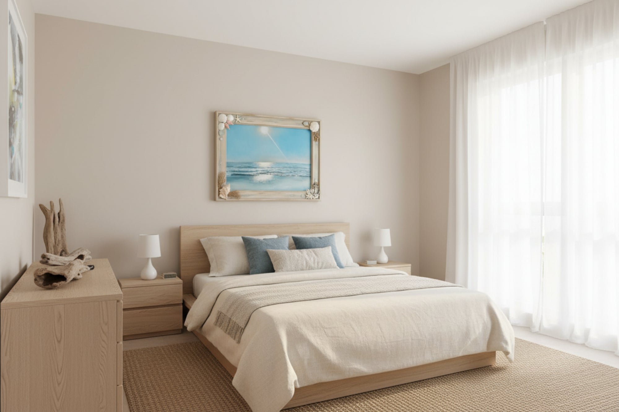 Decorative frame with beach scene and shell embellishments on a wall.